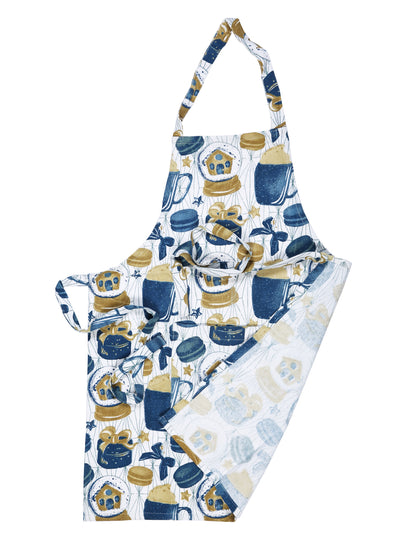 Premium Blue & White Color Printed Cotton Apron - 1 Pc