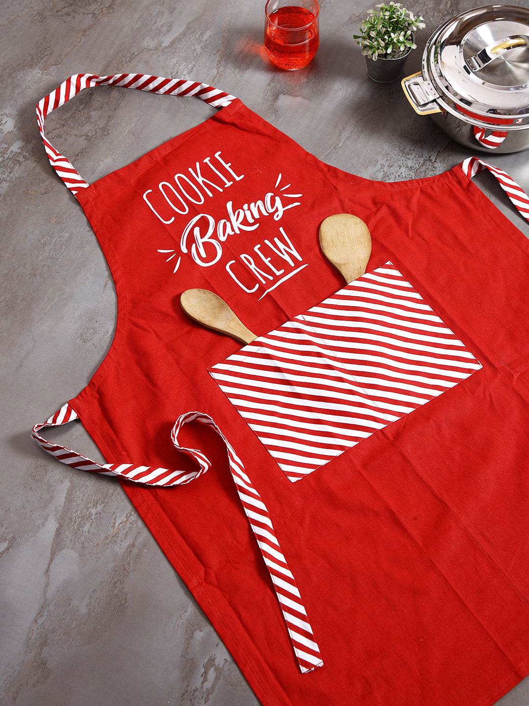 Premium Red & White Color Printed Cotton Apron - 1 Pc