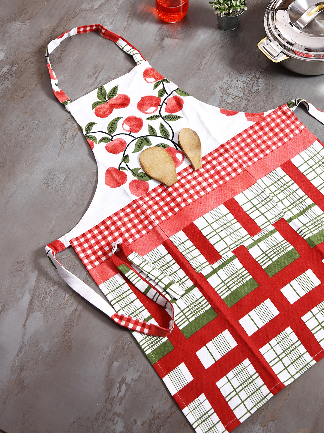 Premium Red & White Color Printed Cotton Apron - 1 Pc