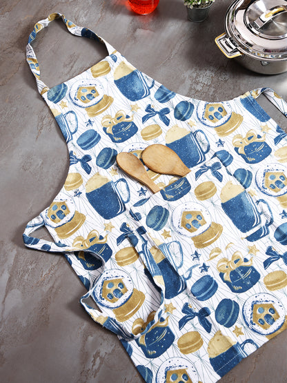 Premium Blue & White Color Printed Cotton Apron - 1 Pc