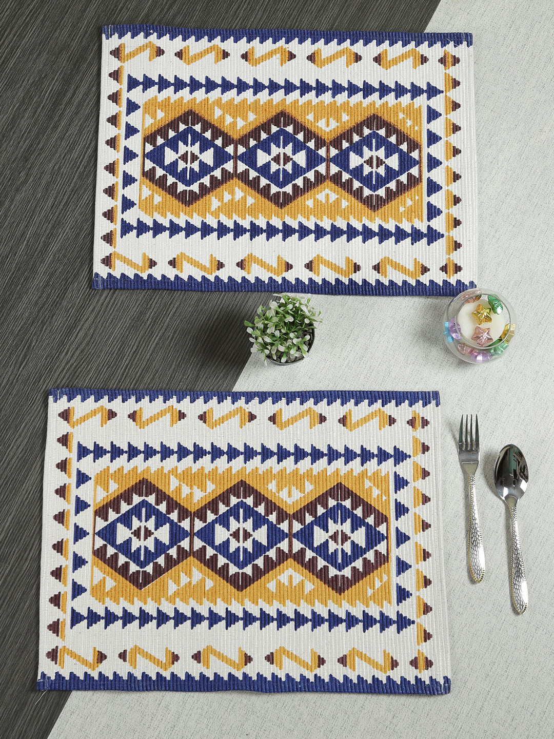 Table Placemats in Yellow/Blue color made with  Cotton Material , Kitchen Linen - 6 Pcs Set