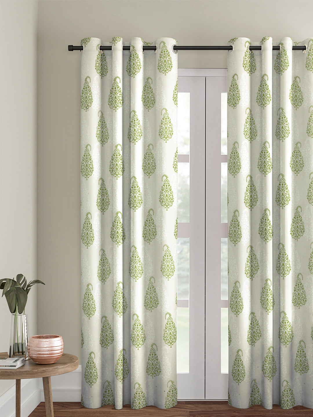 Soumya 100 % Cotton Voile Fabric Printed Light Green Eyelet Curtain, Pack of 1