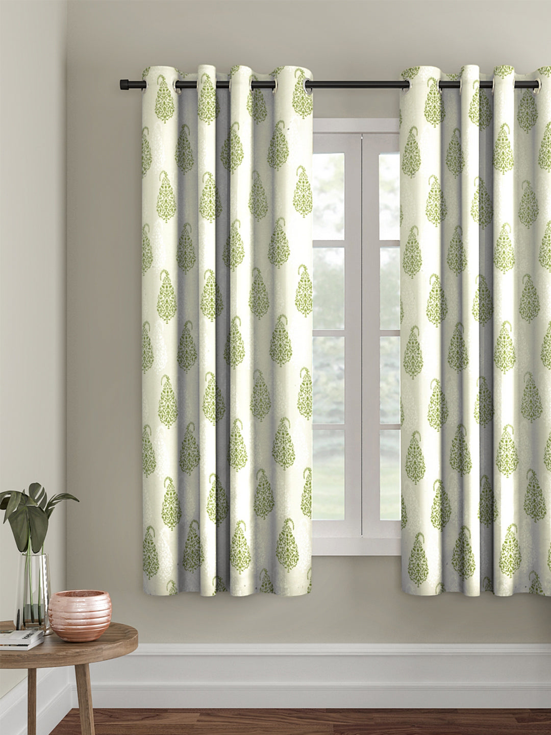 Soumya 100 % Cotton Voile Fabric Printed Light Green Eyelet Curtain, Pack of 1