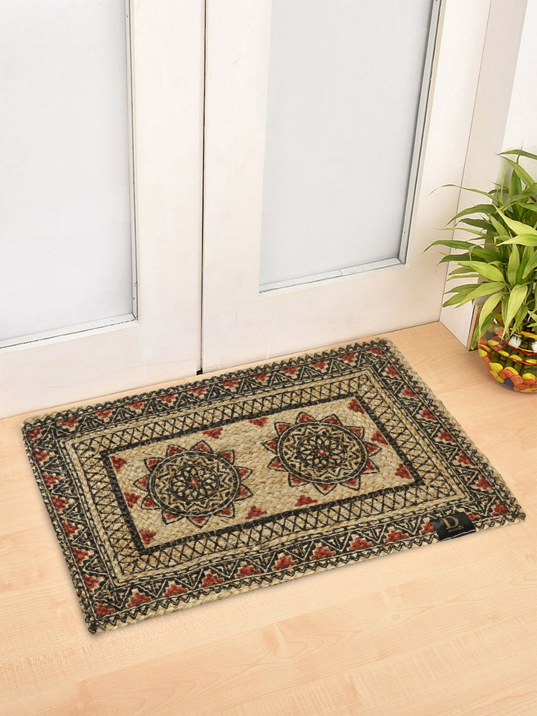 Natural Jute Braided Washable Printed Mat Maroon and Black Color for Door, 1 Pc. Mat