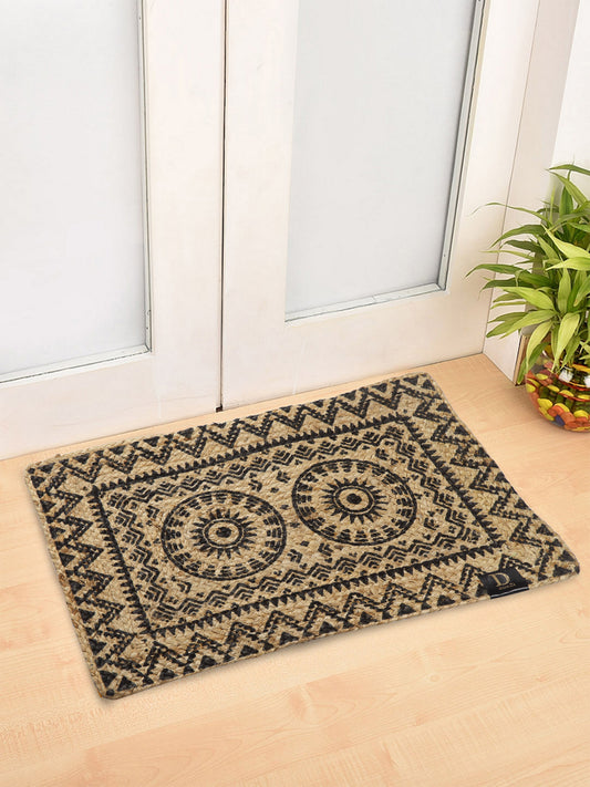 Natural Jute Braided Washable Printed Mat Black Color for Door, 1 Pc. Mat