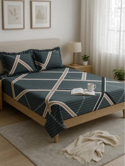 Urban Grid Elegance Bedsheet- Set Of 3