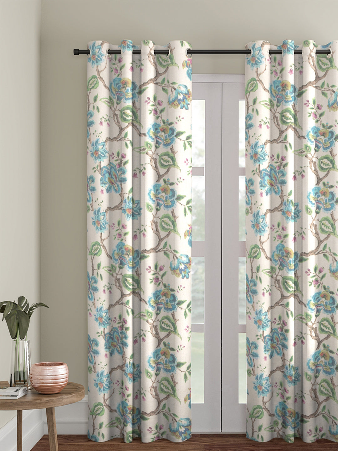 Soumya Floral Jute Digital Printed Premium Firozi Eyelet Curtain, Pack of 1