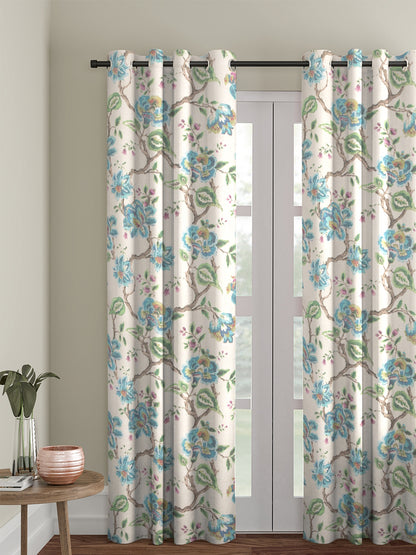 Soumya Floral Jute Digital Printed Premium Firozi Eyelet Curtain, Pack of 1