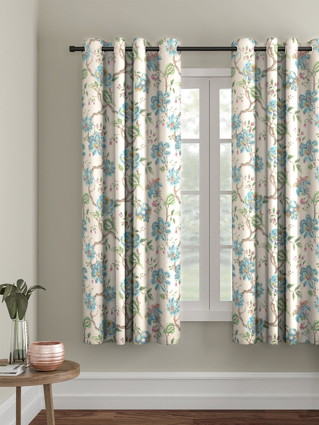 Soumya Floral Jute Digital Printed Premium Firozi Eyelet Curtain, Pack of 1
