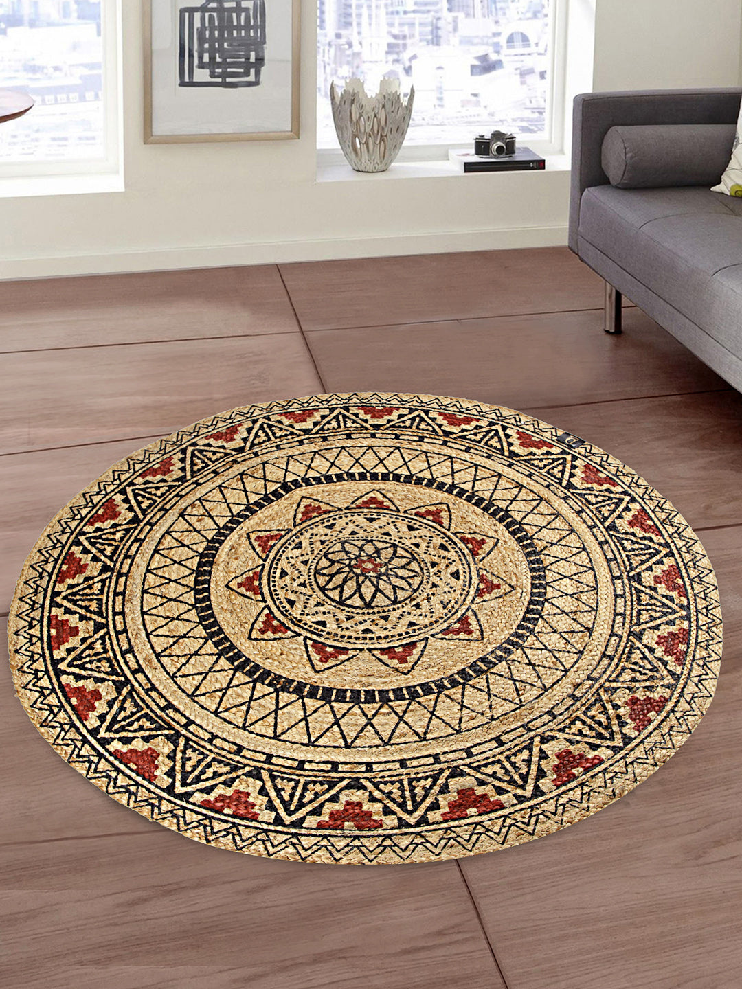 Natural Jute Braided Washable Printed Round Mat Maroon and Black Color for Door and Bed Side, 1 Pc. Mat