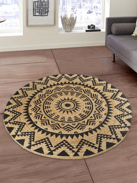 Natural Jute Braided Washable Printed Round Mat Black Color for Door and Bed Side, 1 Pc. Mat