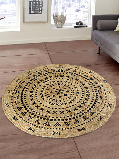 Natural Jute Braided Washable Printed Round Mat Black and Beige Color for Door and Bed Side, 1 Pc. Mat