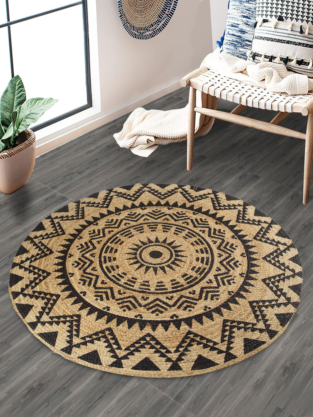 Natural Jute Braided Washable Printed Round Mat Black Color for Door and Bed Side, 1 Pc. Mat