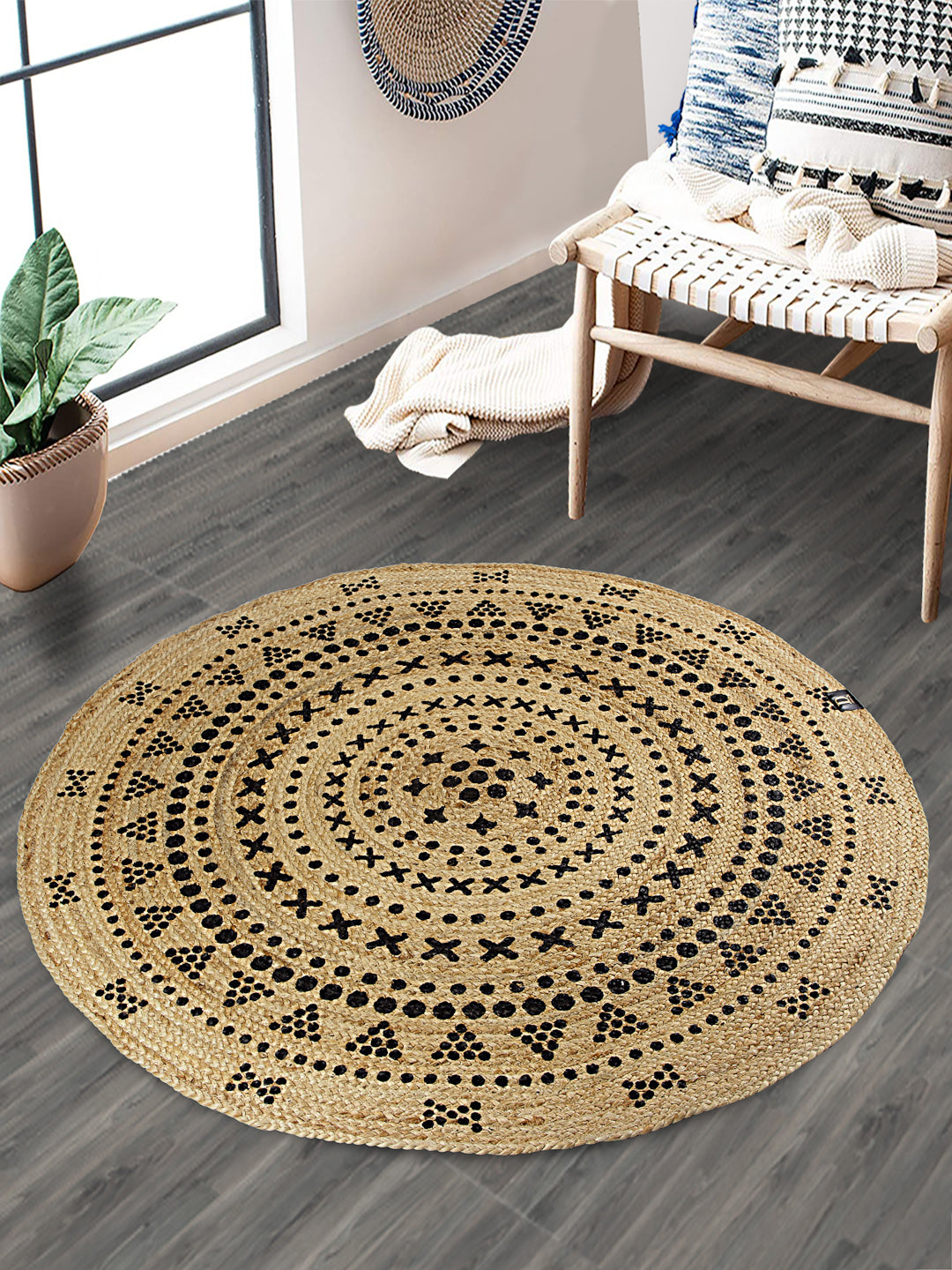 Natural Jute Braided Washable Printed Round Mat Black and Beige Color for Door and Bed Side, 1 Pc. Mat