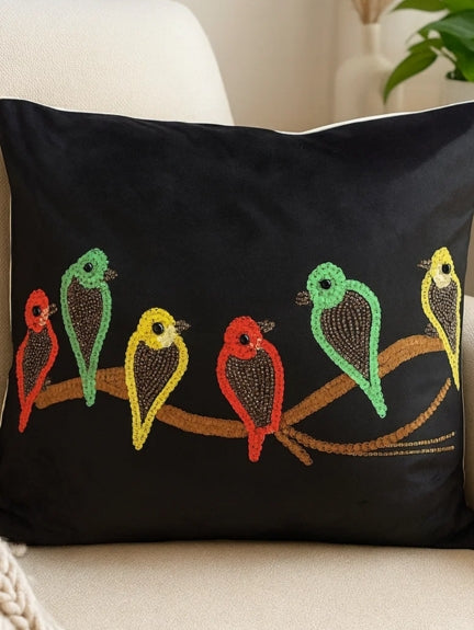 Set of 2 Perched Birds Printed, Beaded Velvet Cushion Cover