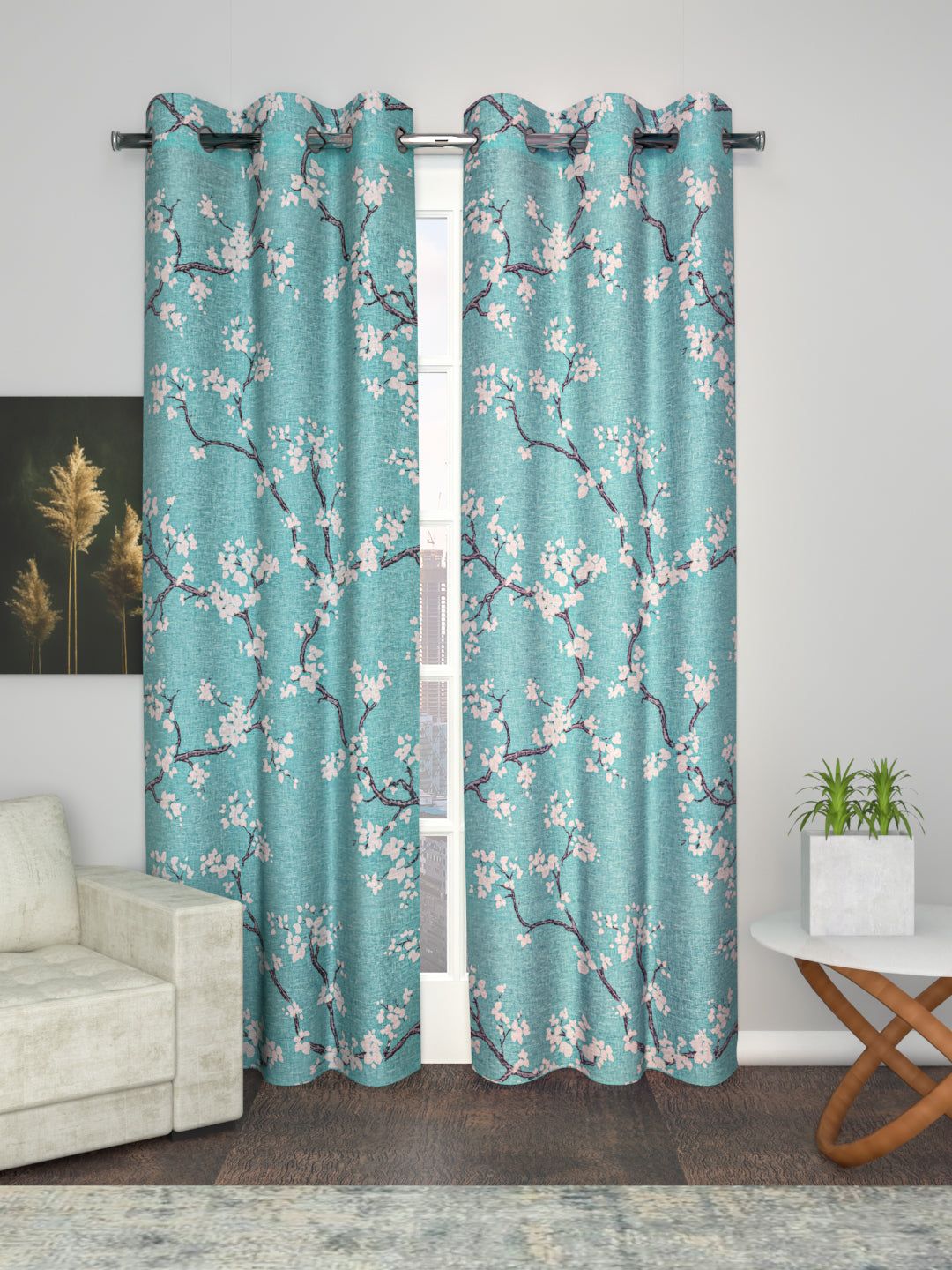 Sheer Printed Curtain in Firozi/White color made with Polylinen Material , Curtain - 1 pc