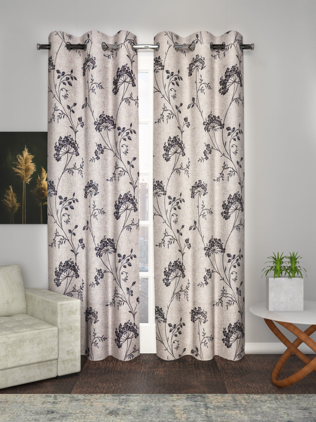 Sheer printed curtain in Grey/Black color made with  Polylinen Material , Curtain - 1 pc