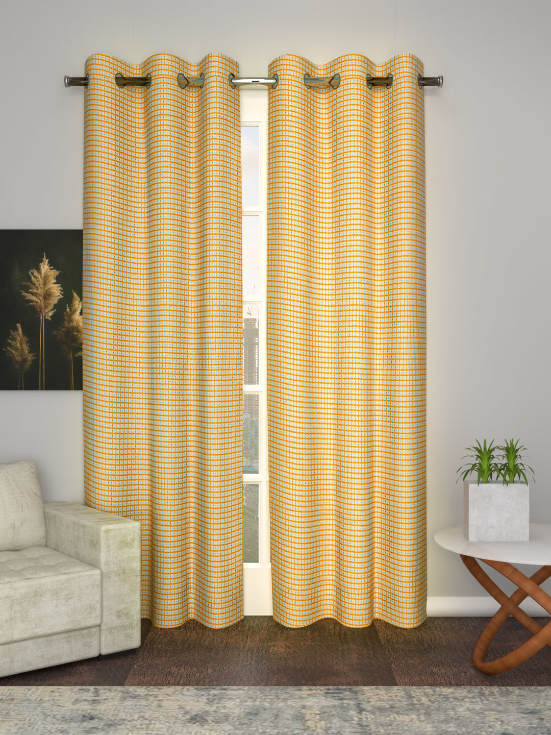 Jacquard woven Curtains in Yellow color made with  Cotton Material , Curtain - 1 pc