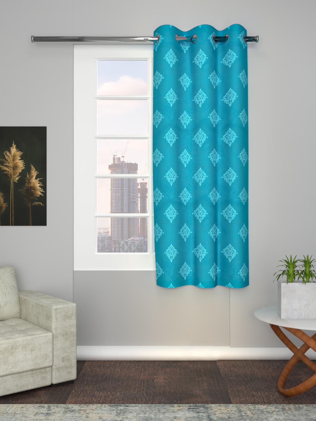 Printed Curtains in Firozi/Aqua color made with Cotton Material , Curtain - 1 pc