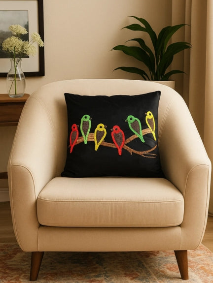 Set of 2 Perched Birds Printed, Beaded Velvet Cushion Cover