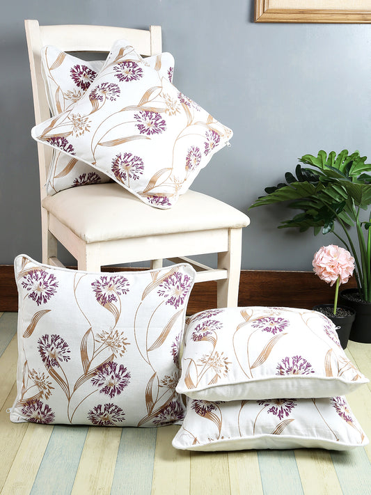 100% Cotton Floral Printed Cotton Purple Cushion Cover, Pack of 5