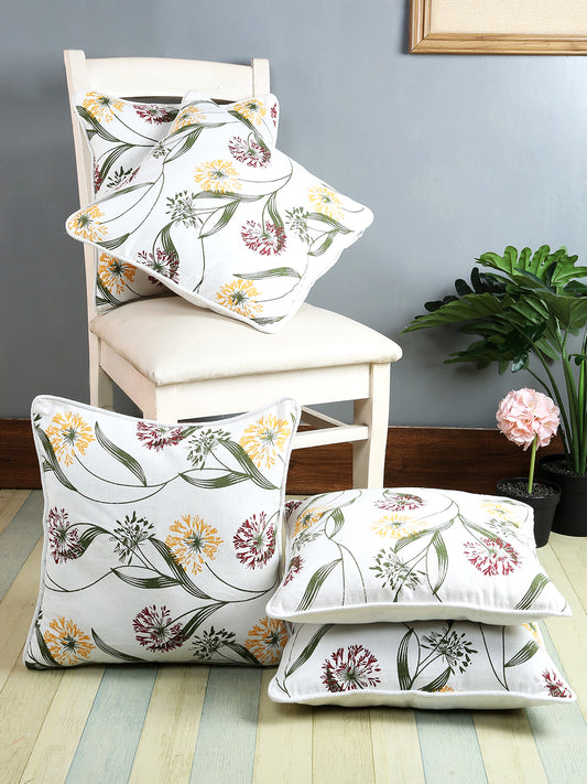 100% Cotton Floral Printed Cotton Green Cushion Cover, Pack of 5