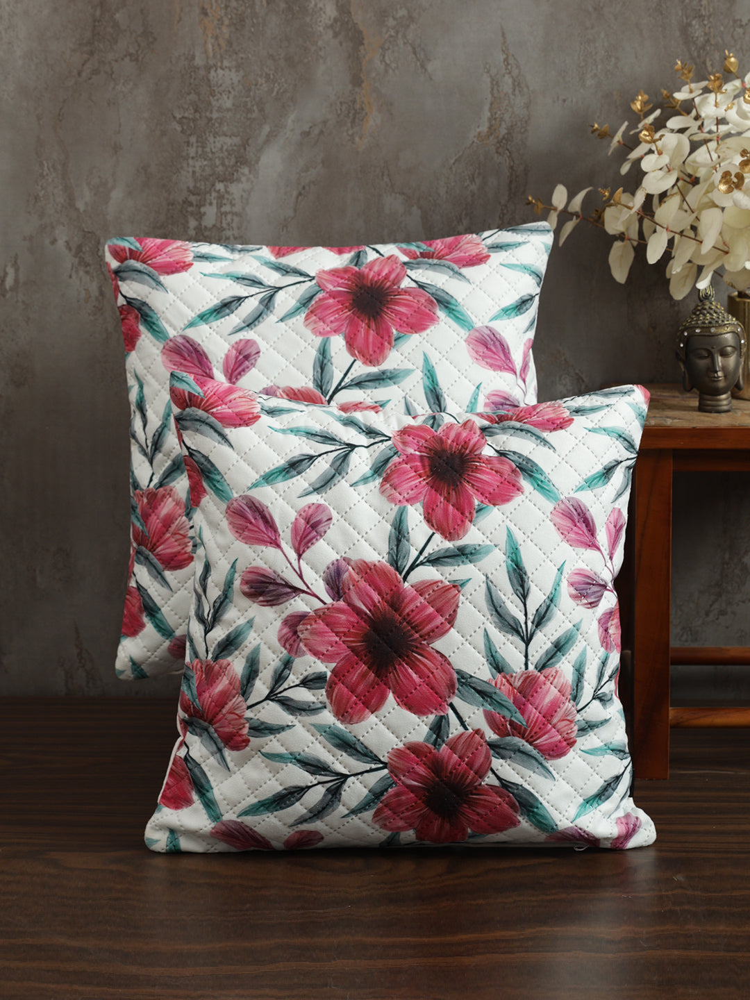 Stylish White & Red Color Floral Printed Quilted Square Velvet Cushion Covers - 2 Pcs