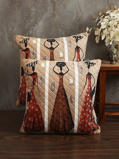 Stylish Brown & Beige Color Printed Square Cushion Covers - 2 Pcs