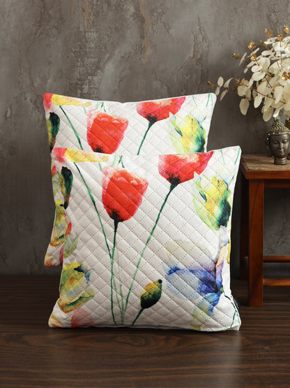 Stylish White & Red Color Floral Printed Quilted Square Velvet Cushion Covers - 2 Pcs