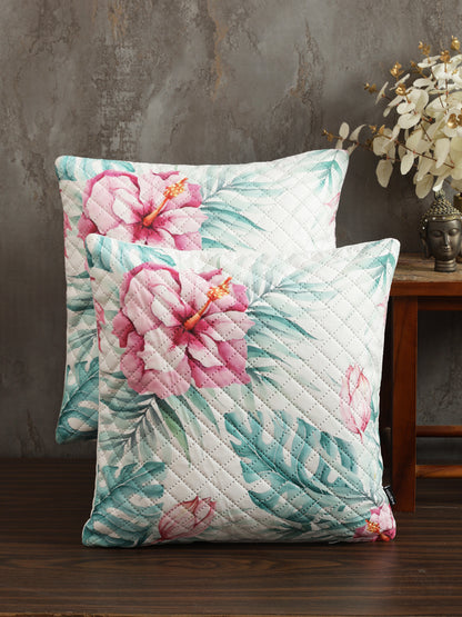 Stylish Green & White Color Floral Printed Square Velvet Cushion Covers - 2 Pcs