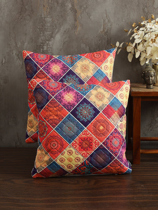 Soumya Maroon & Blue 2Pcs  Geometric Velvet Square Cushion Covers