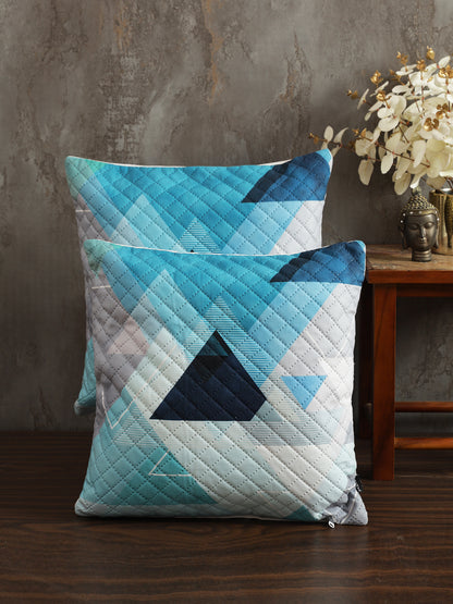 Stylish White & Turquoise Blue Color Floral Printed Quilted Square Velvet Cushion Covers - 2 Pcs