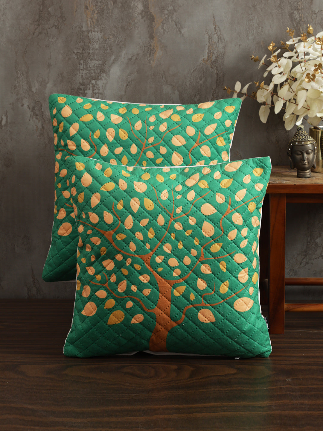 Soumya Green & Brown 2Pcs  Floral Velvet Square Cushion Covers