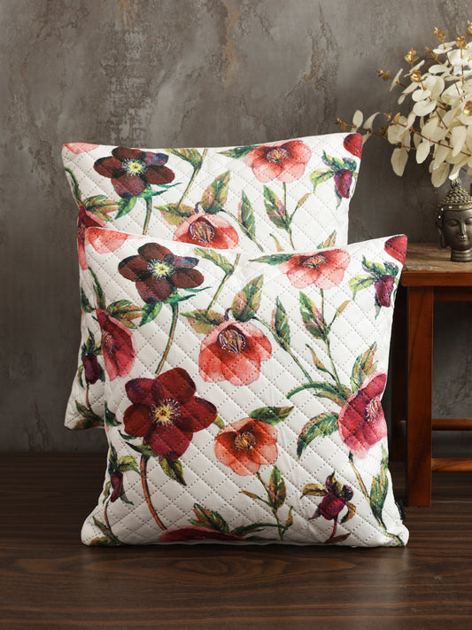 Soumya White & Red 2 Pieces Floral Printed Quilted Square Velvet Cushion Covers