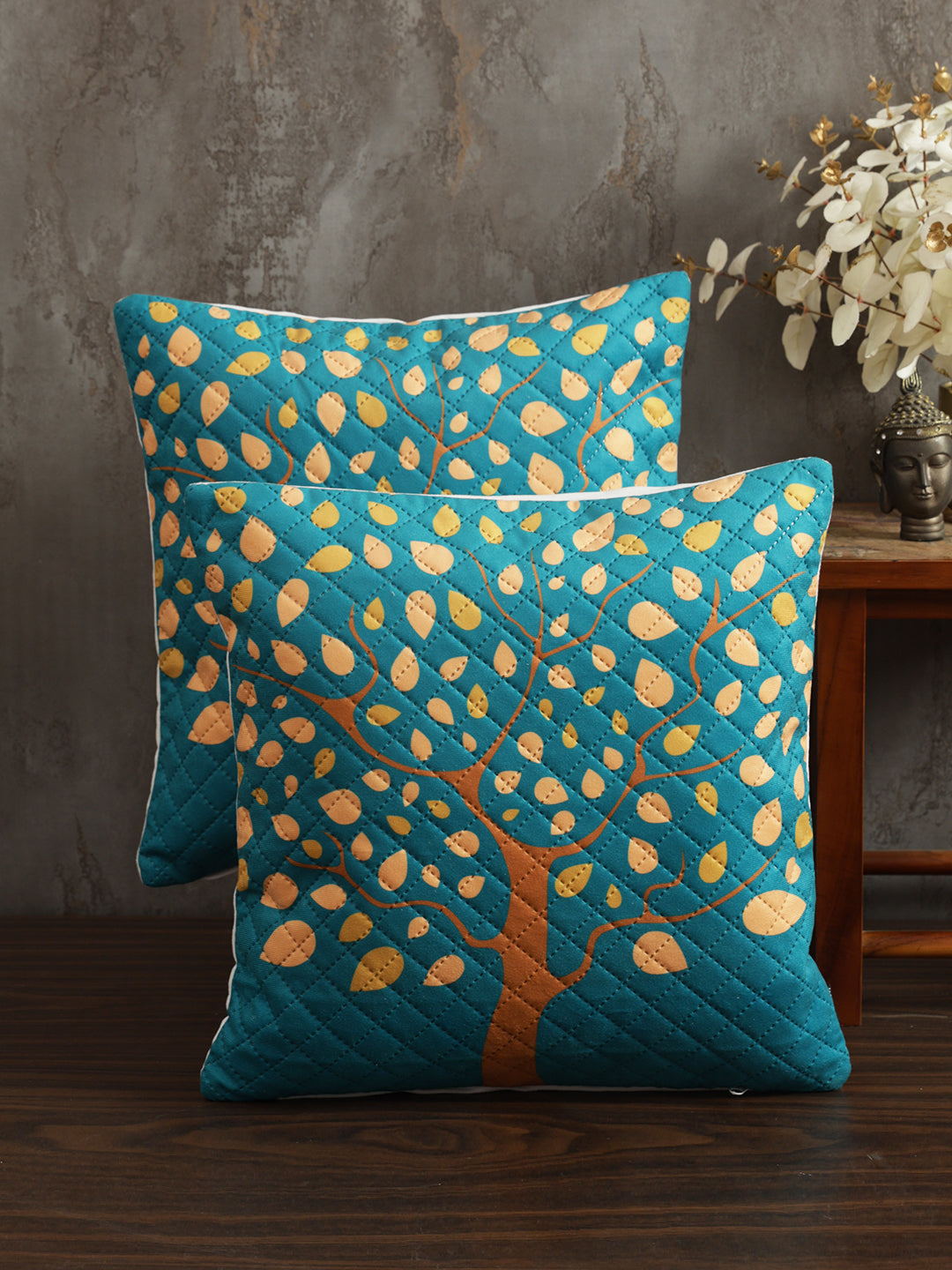 Stylish Turquoise Blue Color Floral Printed Quilted Square Velvet Cushion Covers - 2 Pcs