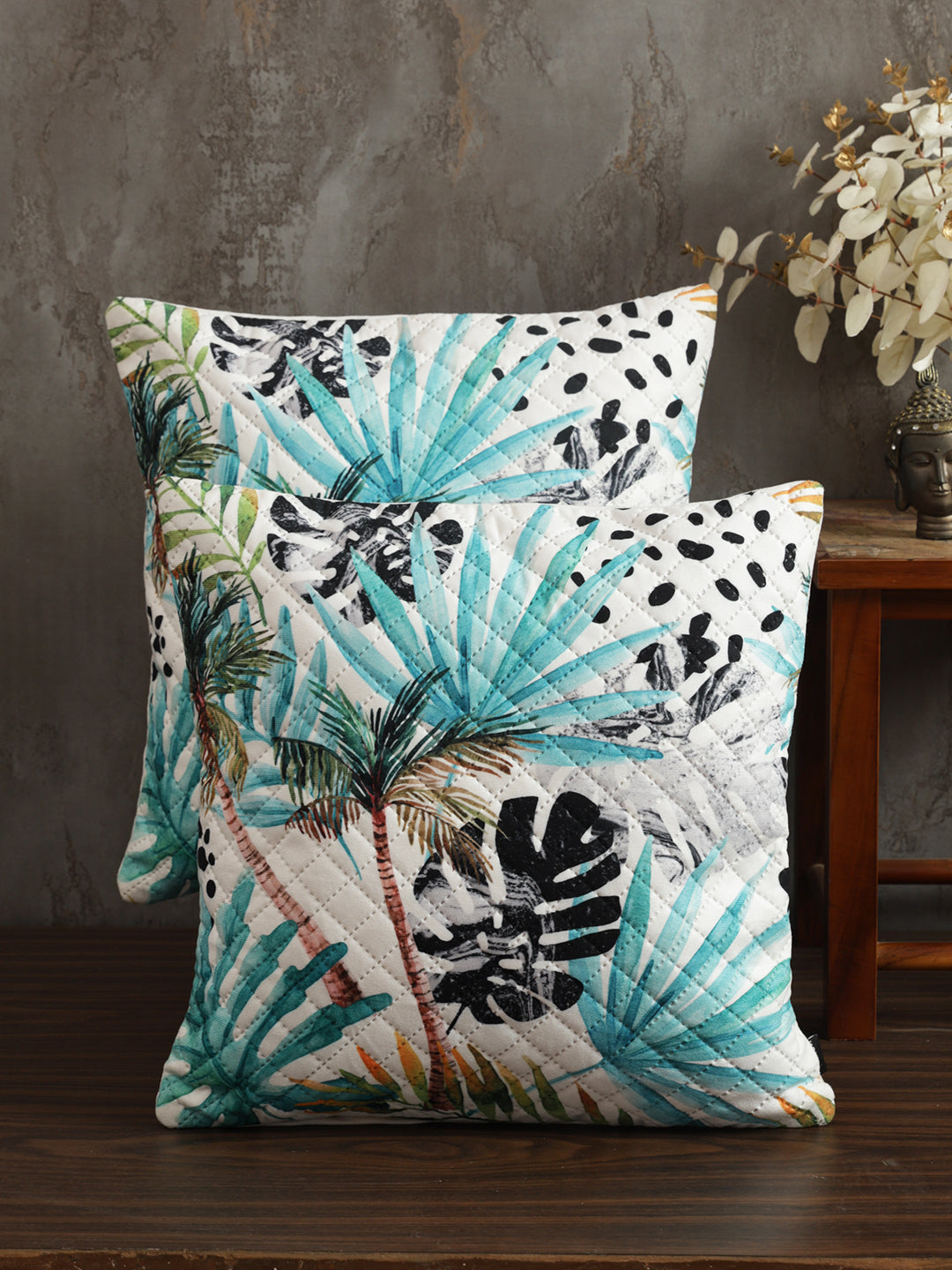 Stylish Turquoise Blue & White Color Floral Printed Square Velvet Cushion Covers - 2 Pcs