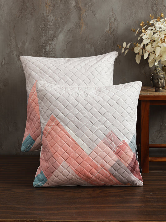 Soumya Peach-Coloured & White 2 Pieces Printed Quilted Square Velvet Cushion Covers