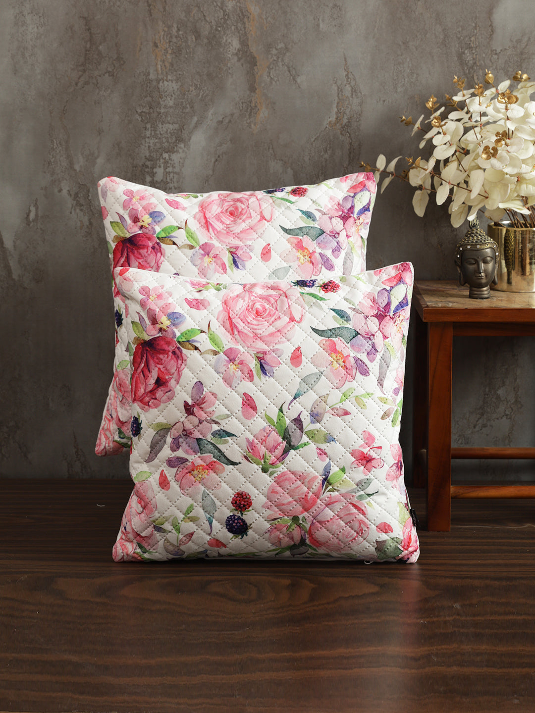 Stylish Pink & White Color Floral Printed Square Cushion Covers - 2 Pcs