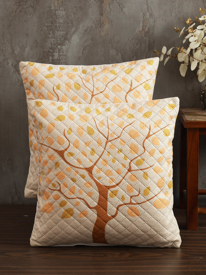 Soumya Beige & Yellow 2 Pieces Floral Printed Quilted Square Velvet Cushion Covers