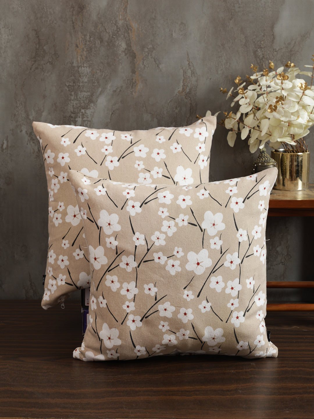 Soumya Beige & White 2 Pieces Floral Printed Quilted Square Pure Cotton Cushion Covers