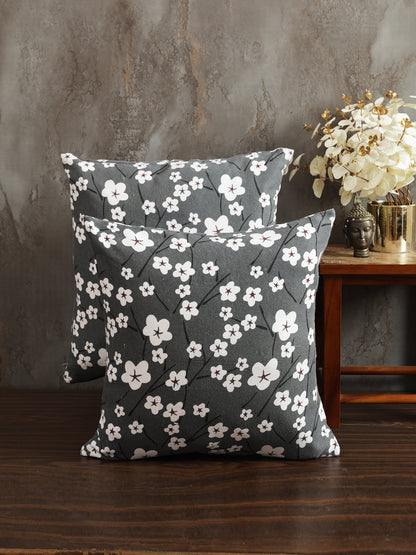 Soumya Black & Grey 2 Pieces Floral Printed Quilted Square Pure Cotton Cushion Covers