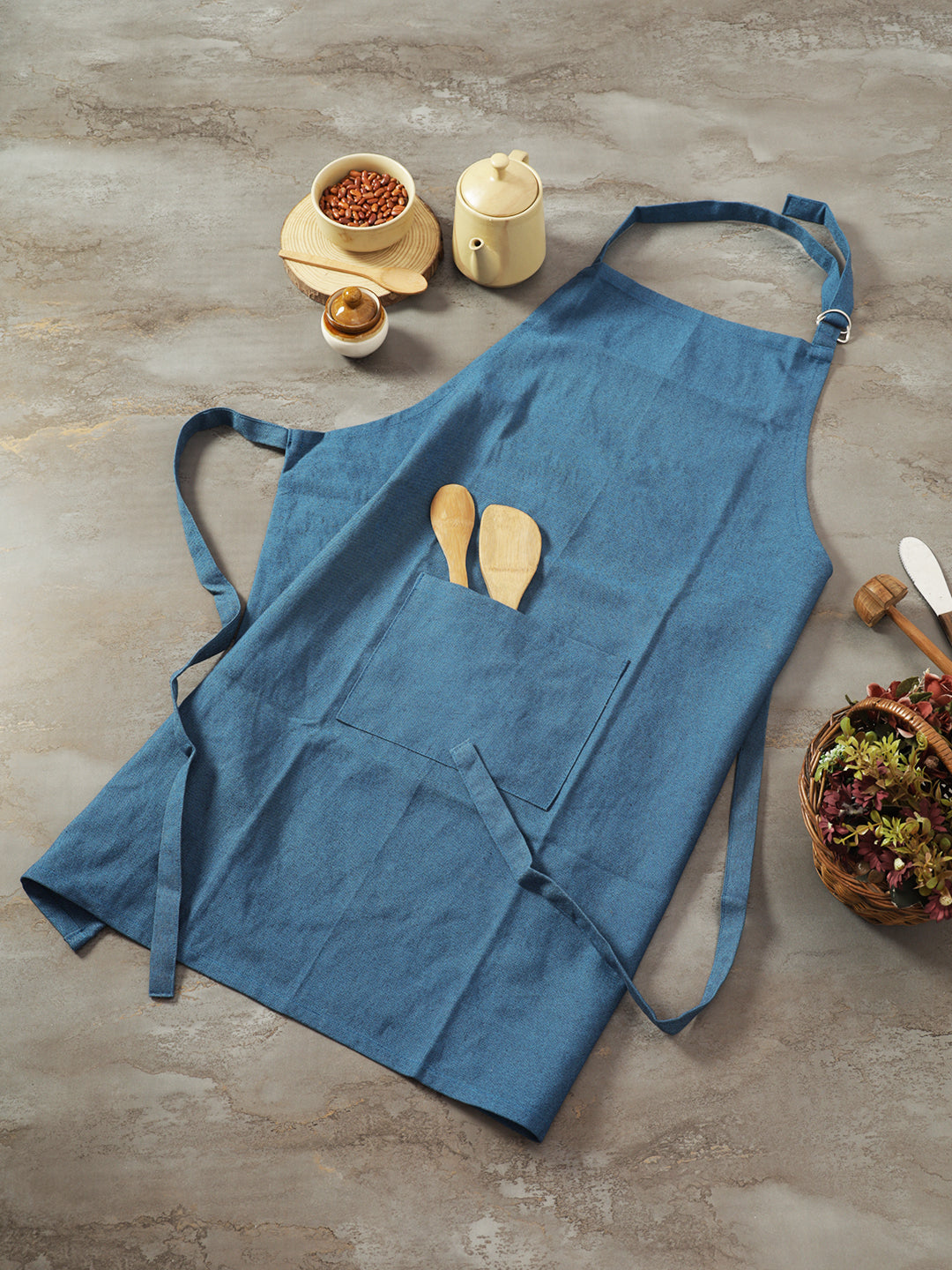 Premium Blue Solid Cotton Kitchen Apron with Front Pocket - 1 Pc