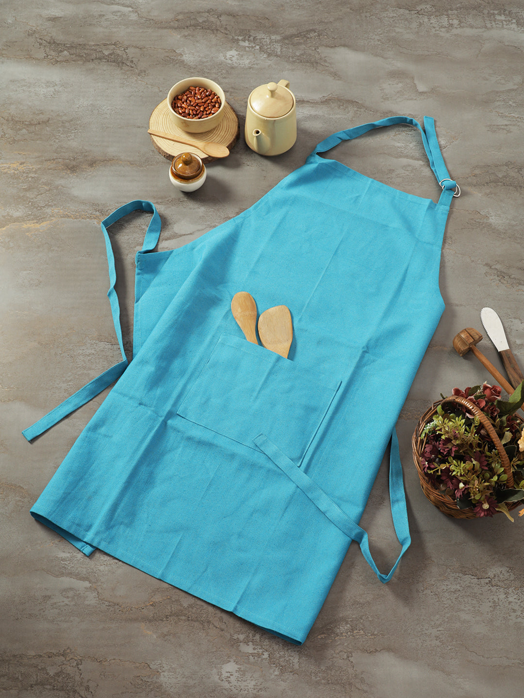 Premium Turquoise Blue Solid Cotton Kitchen Apron with Front Pocket - 1 Pc