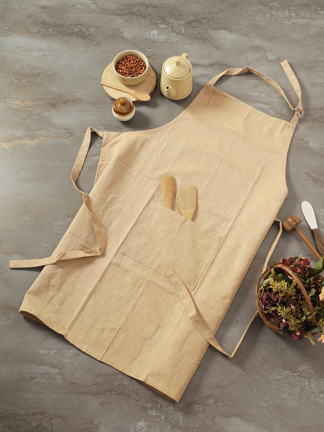 Premium Beige Solid Cotton Kitchen Apron with Front Pocket - 1 Pc