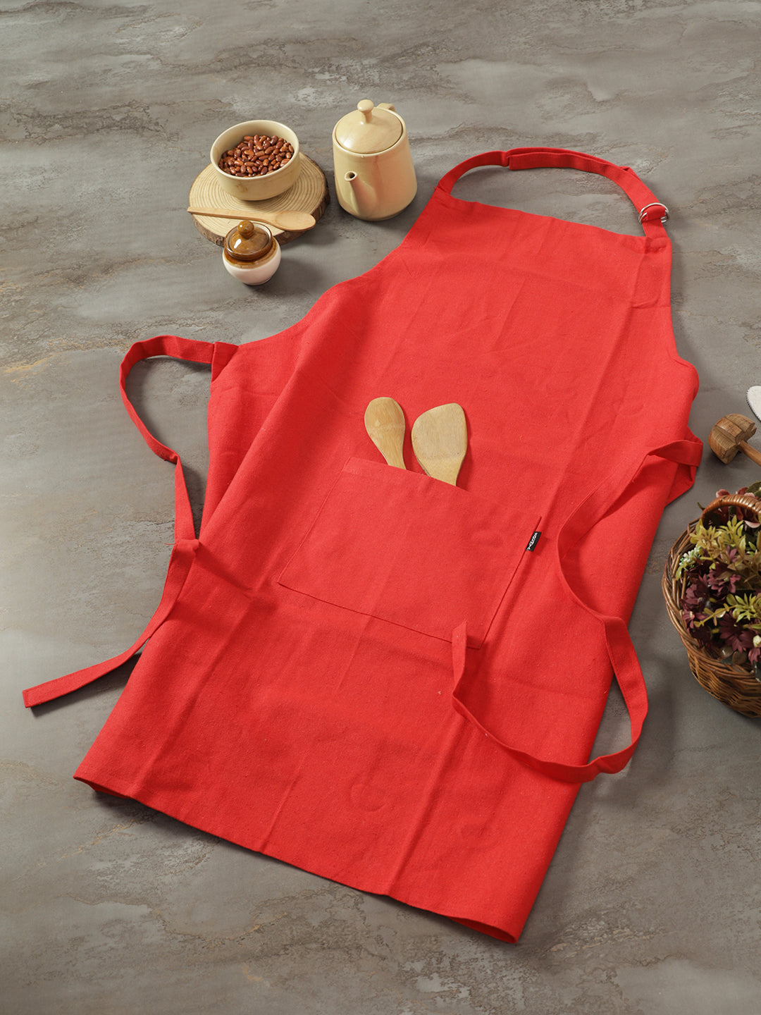 Premium Red Solid Cotton Kitchen Apron with Front Pocket - 1 Pc