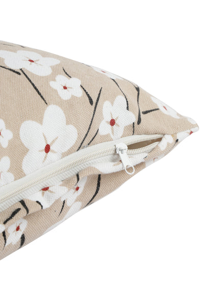 Soumya Beige & White 2 Pieces Floral Printed Quilted Square Pure Cotton Cushion Covers