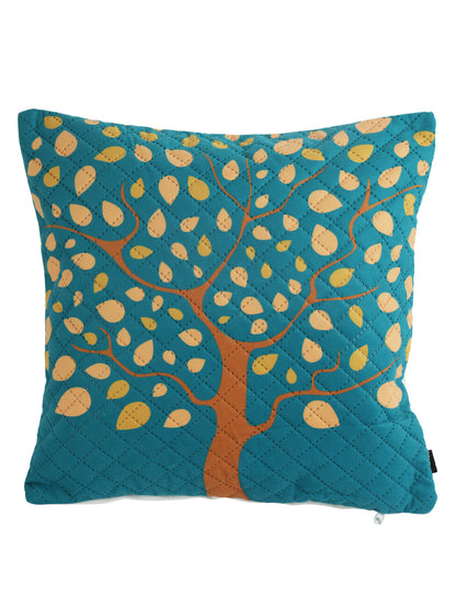 Stylish Turquoise Blue Color Floral Printed Quilted Square Velvet Cushion Covers - 2 Pcs