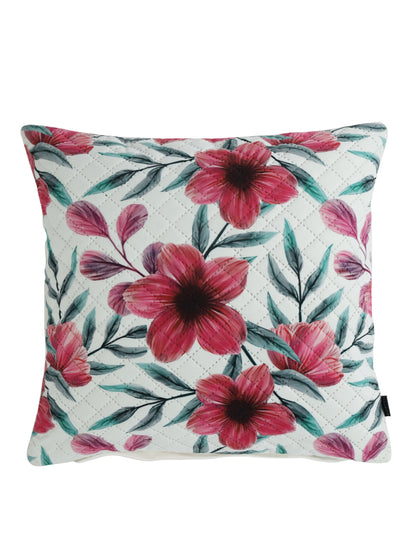 Stylish White & Red Color Floral Printed Quilted Square Velvet Cushion Covers - 2 Pcs