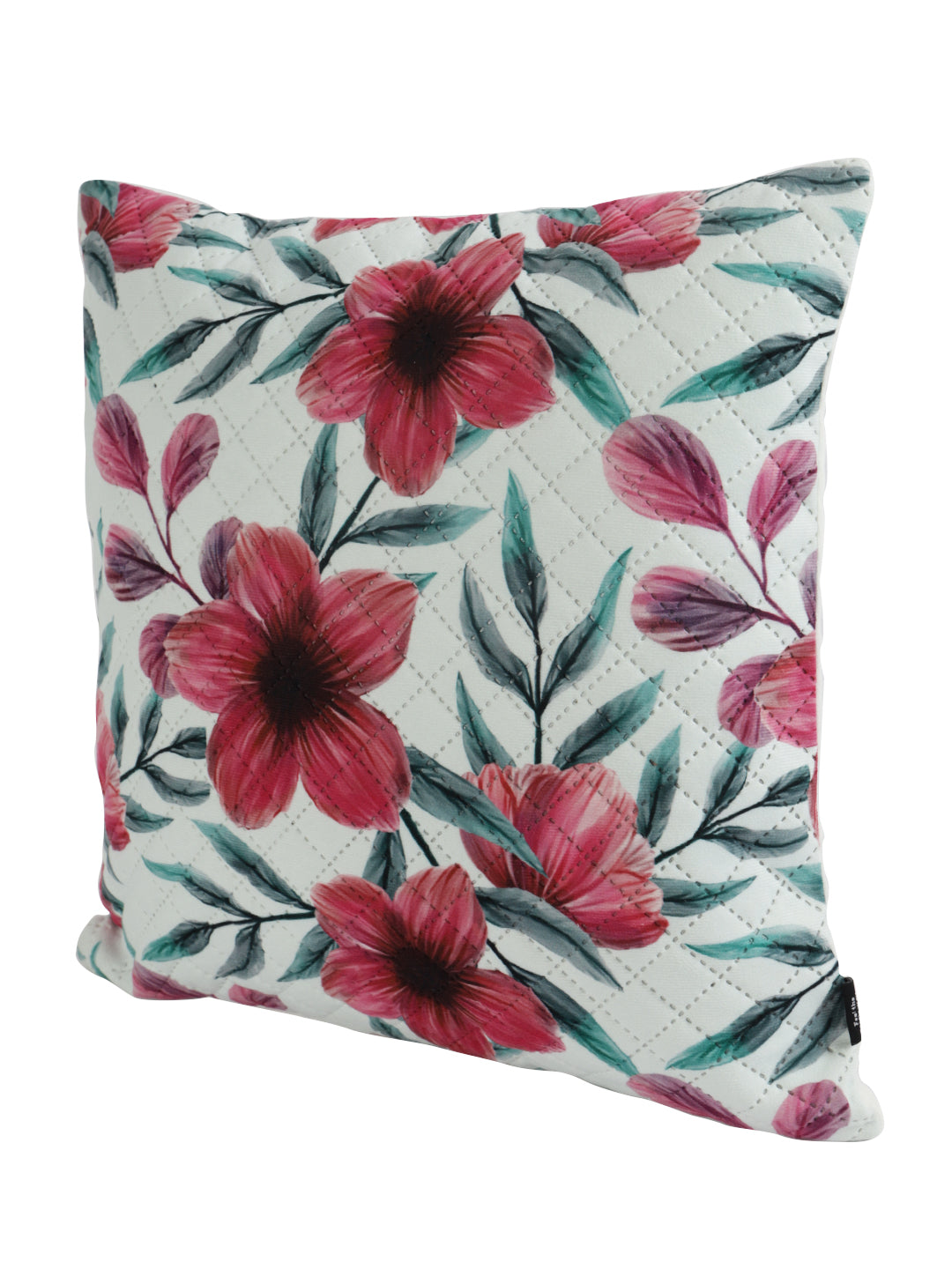 Stylish White & Red Color Floral Printed Quilted Square Velvet Cushion Covers - 2 Pcs