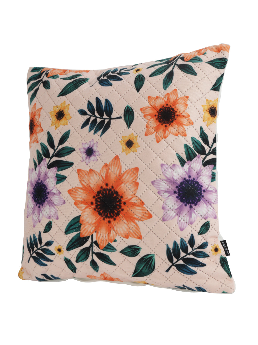 Soumya Orange & Green 2 Pieces Floral Printed Quilted Square Velvet Cushion Covers